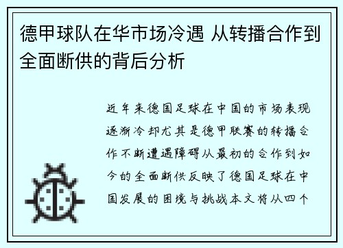 德甲球队在华市场冷遇 从转播合作到全面断供的背后分析